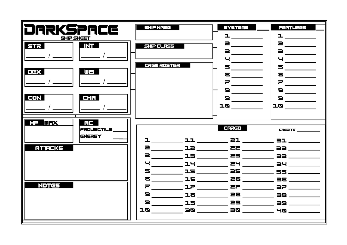 DarkSpace RPG - Ship Sheet