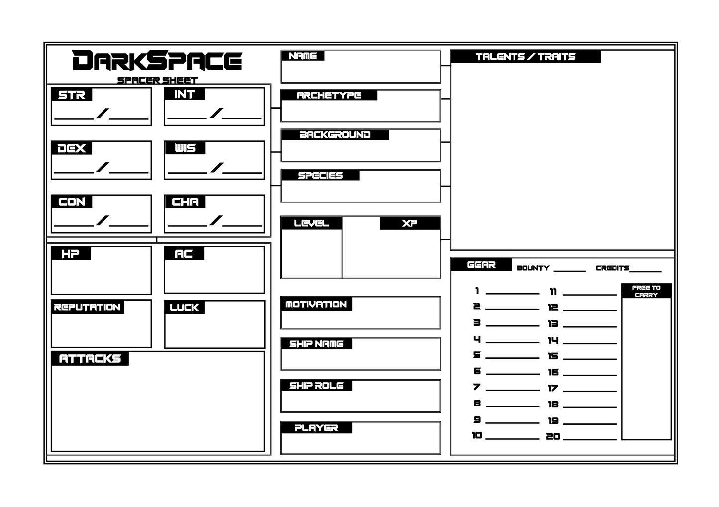 DarkSpace RPG - Spacer Sheet